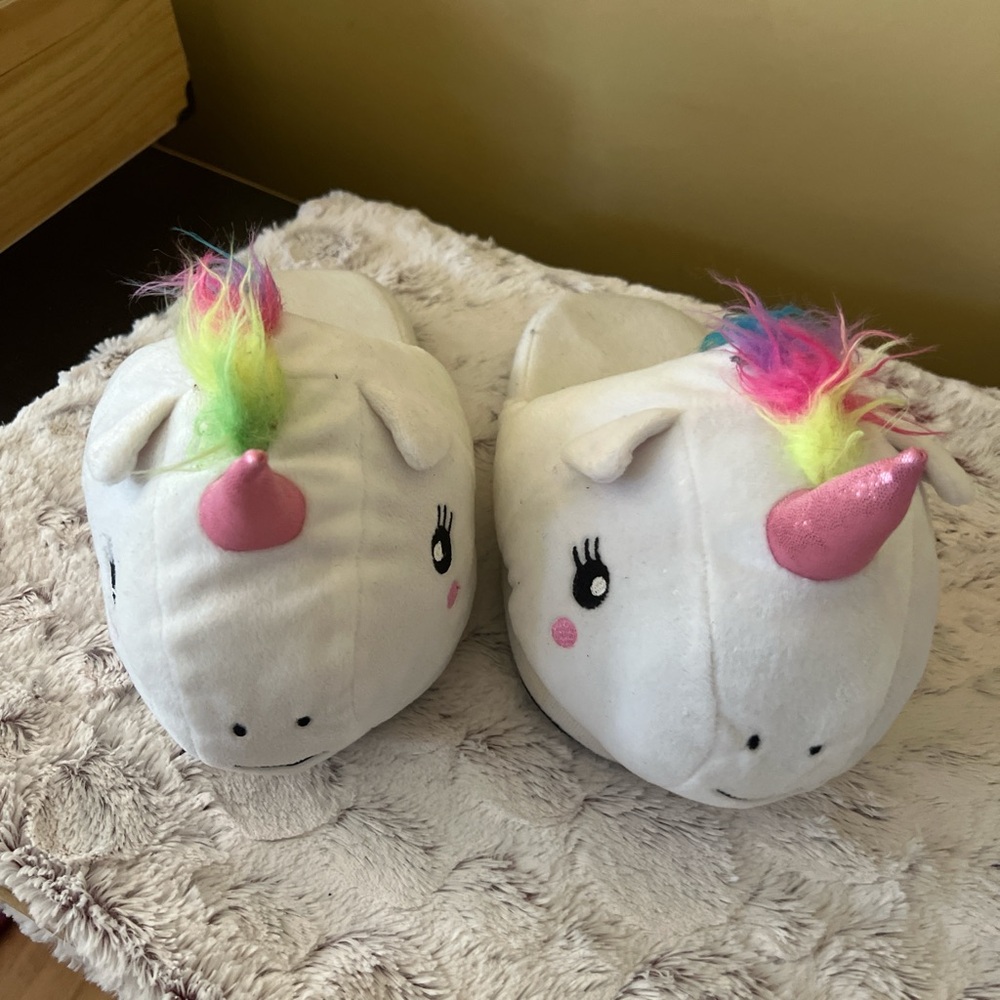 Unicorn Plush Slippers with Rainbow Mane
